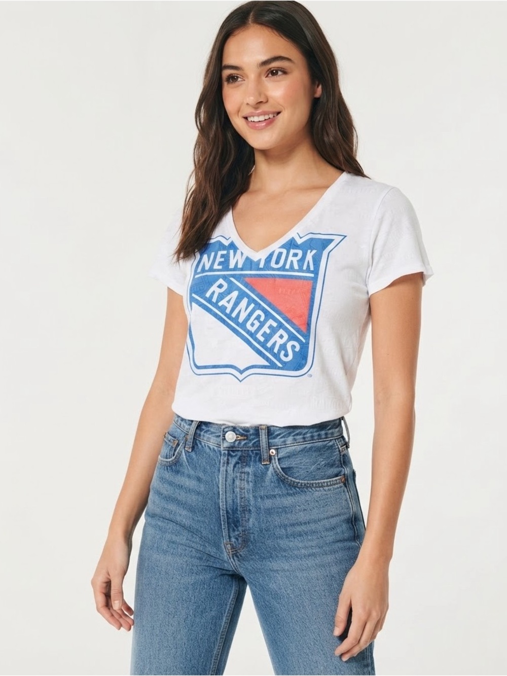 New York Rangers NHL White V-Neck T-Shirt Women's Size L All-Over Print